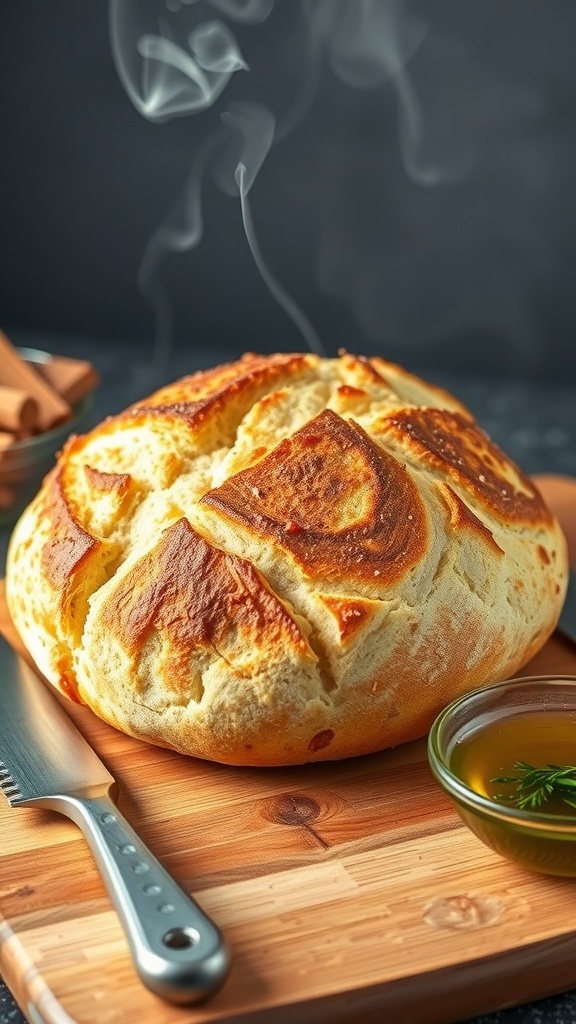 Quick No-Knead Bread Recipe A golden-brown loaf of no-knead bread on a cutting board, with steam rising and a knife beside it.